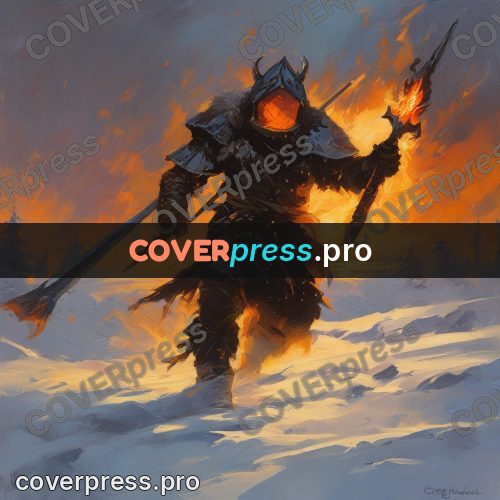 Epic fantasy illustration: warrior in snow by fire