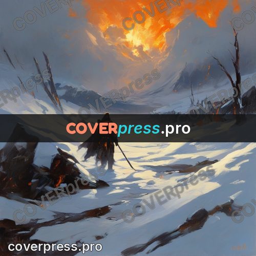 Epic fantasy illustration: warrior in snow by fire