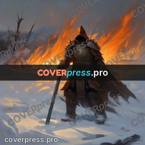 Epic fantasy illustration: warrior in snow by fire