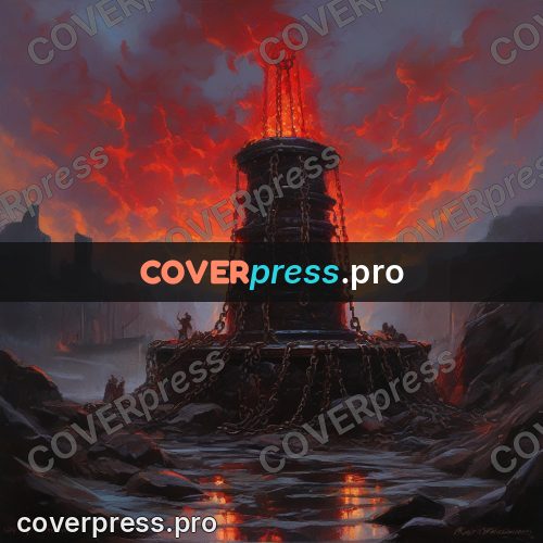Epic fantasy illustration: chains above a fiery pit