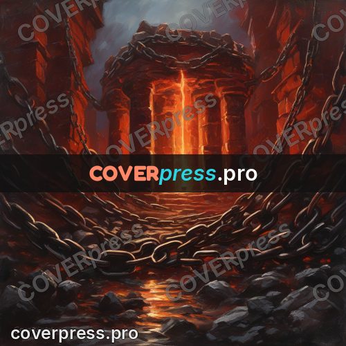 Epic fantasy illustration: chains above a fiery pit