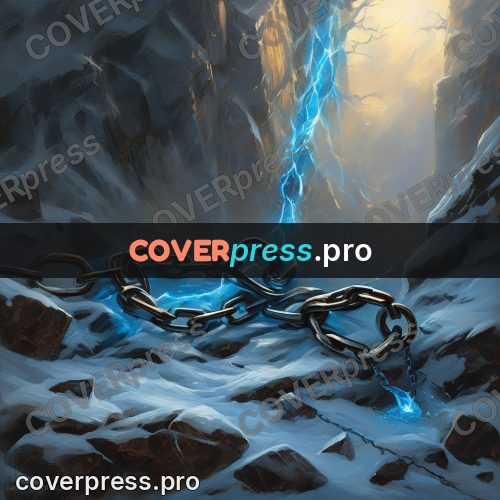 Epic fantasy illustration: chains with blue light in rocks