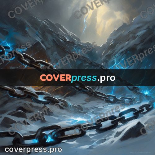 Epic fantasy illustration: chains with blue light in rocks