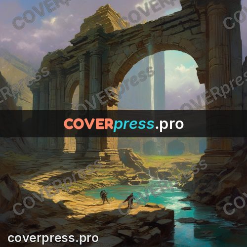 Epic fantasy illustration: colonnade with a light column