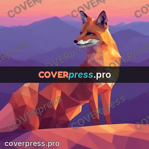 Geometric drawing: fox on a ridge above mountains