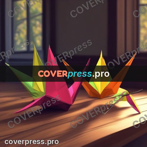 Geometric drawing: paper crane on a table