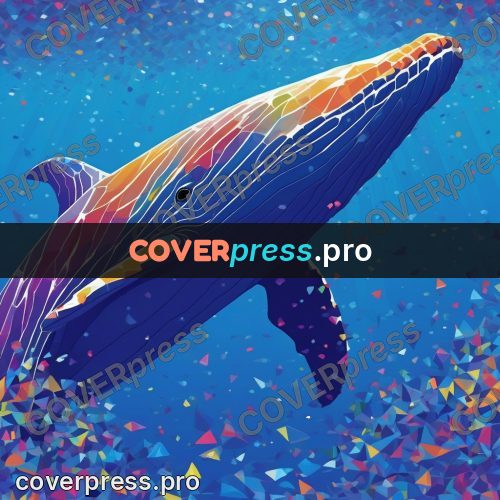 Geometric drawing: whale among coloured sparks