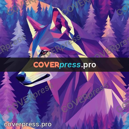 Geometric drawing: wolf against spruce tops