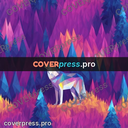 Geometric drawing: wolf against spruce tops