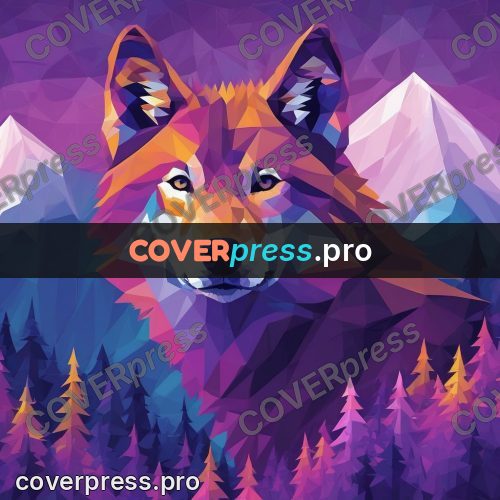 Geometric drawing: wolf against spruce tops