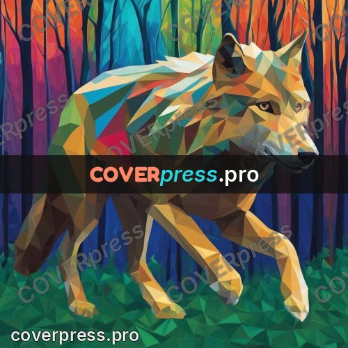Geometric drawing: wolf walking through a bright forest