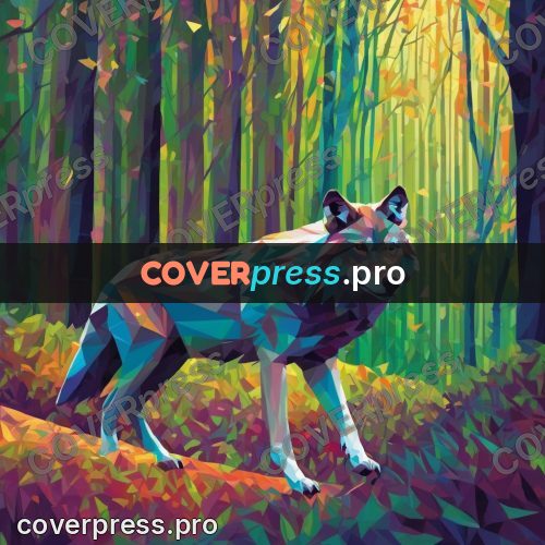 Geometric drawing: wolf walking through a bright forest