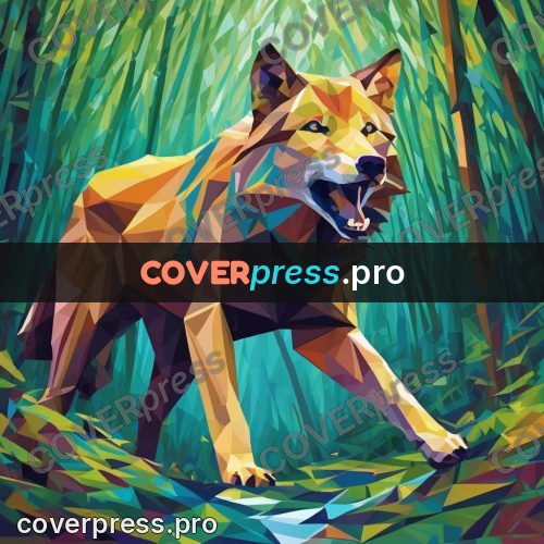 Geometric drawing: wolf walking through a bright forest