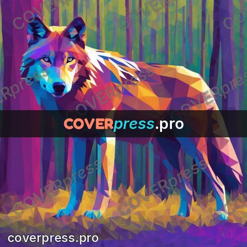 Geometric drawing: wolf in a purple forest
