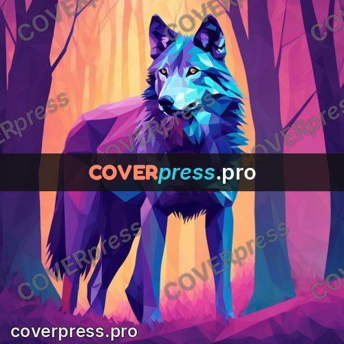 Geometric drawing: wolf in a purple forest