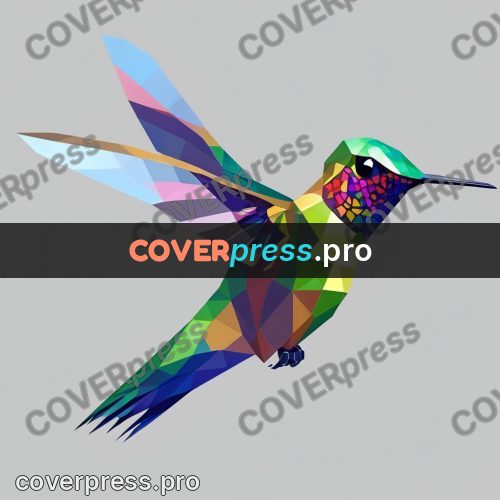Geometric drawing: hummingbird in flight on grey