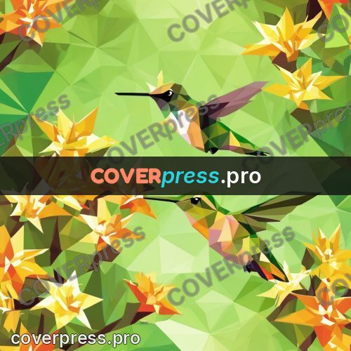 Geometric drawing: hummingbird on a green ground