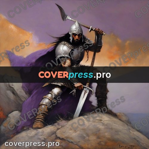 Fantasy illustration: warrior with a sword on rocks