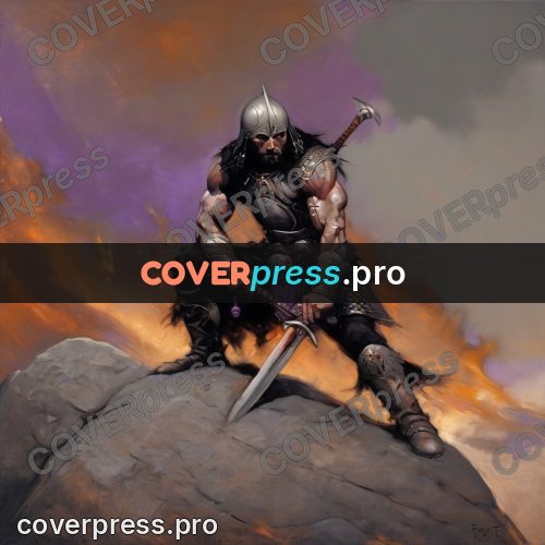 Fantasy illustration: warrior with a sword on rocks