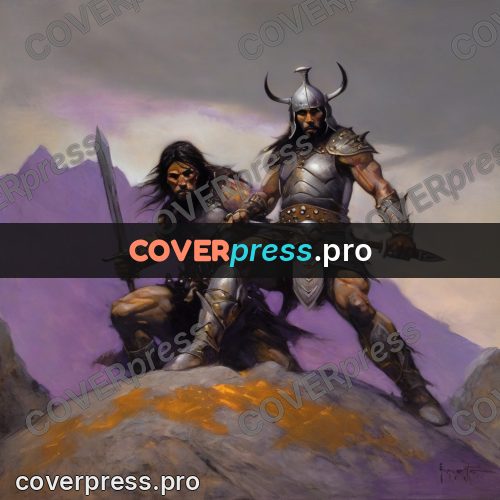 Fantasy illustration: warrior with a sword on rocks