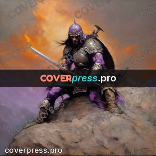 Fantasy illustration: warrior with a sword on rocks