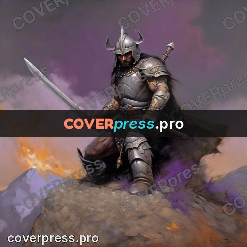Fantasy illustration: warrior with a sword on rocks