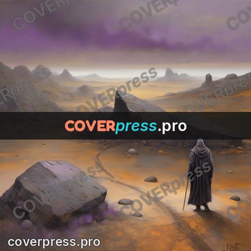 Fantasy illustration: lone traveller on a wasteland road