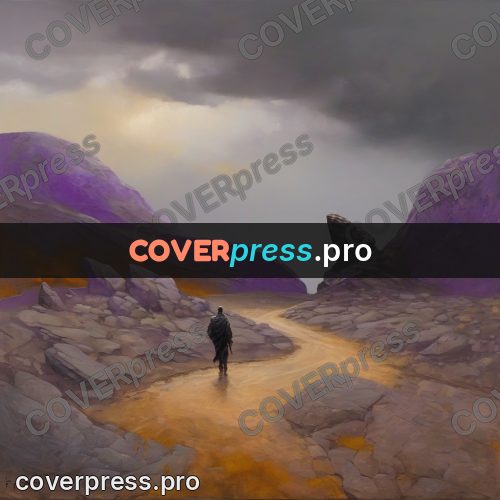 Fantasy illustration: lone traveller on a wasteland road
