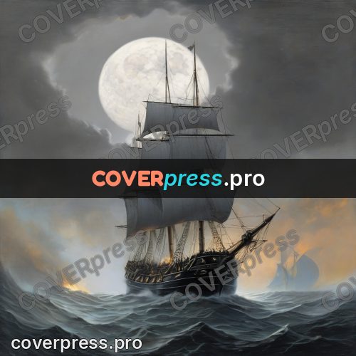 Fantasy illustration: sailing ship under a full moon