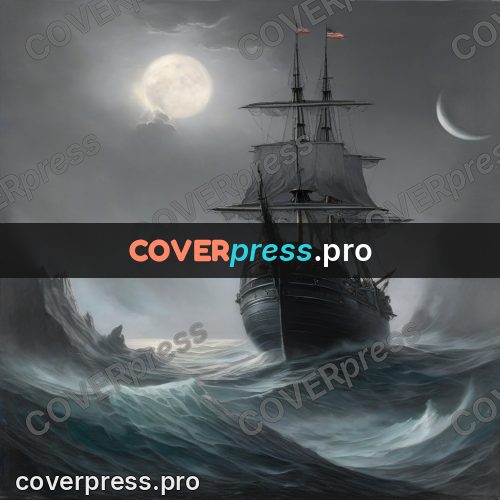 Fantasy illustration: sailing ship under a full moon