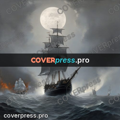 Fantasy illustration: sailing ship under a full moon