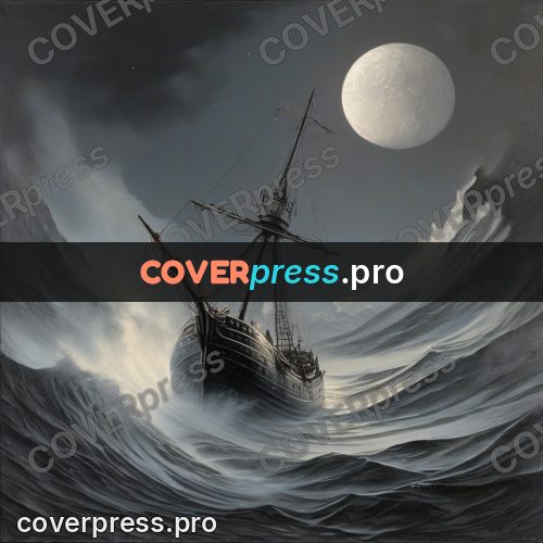 Fantasy illustration: ship on waves under the moon