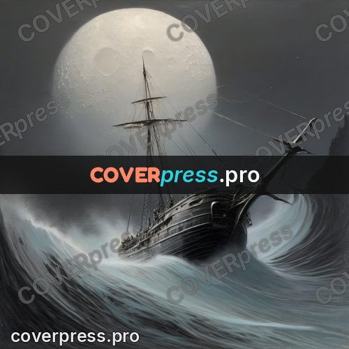 Fantasy illustration: ship on waves under the moon