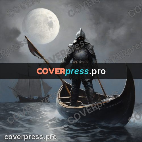Fantasy illustration: armoured man in a boat