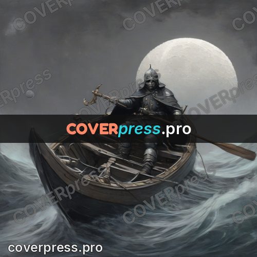 Fantasy illustration: armoured man in a boat