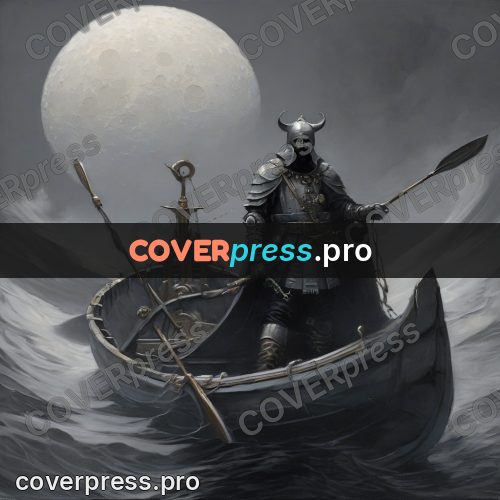 Fantasy illustration: armoured man in a boat