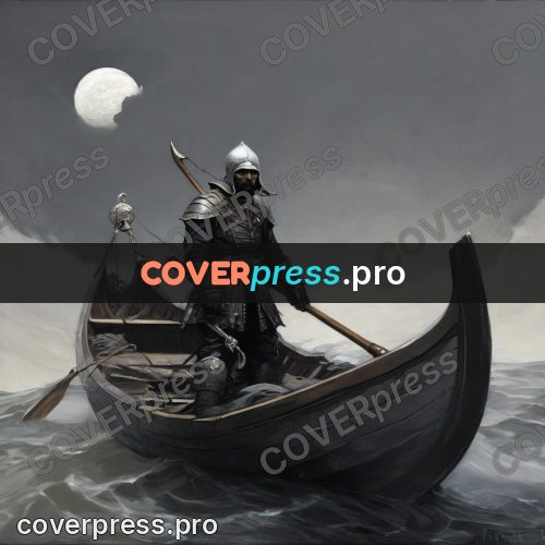 Fantasy illustration: armoured man in a boat