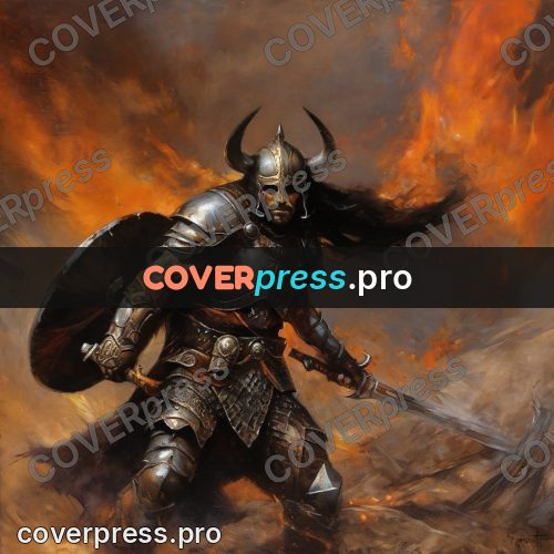 Fantasy illustration: warrior with a sword in fire