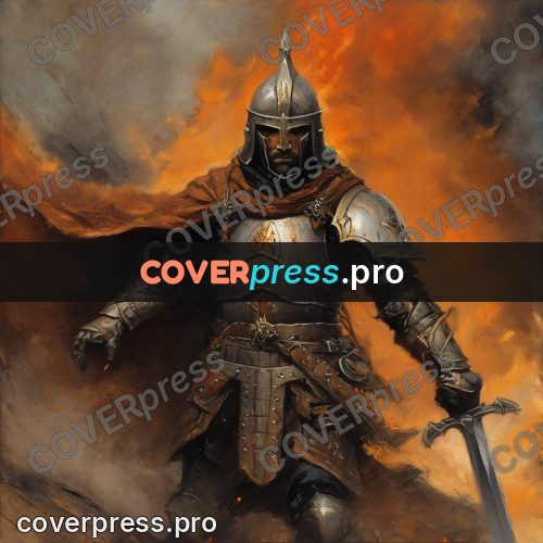 Fantasy illustration: warrior with a sword in fire