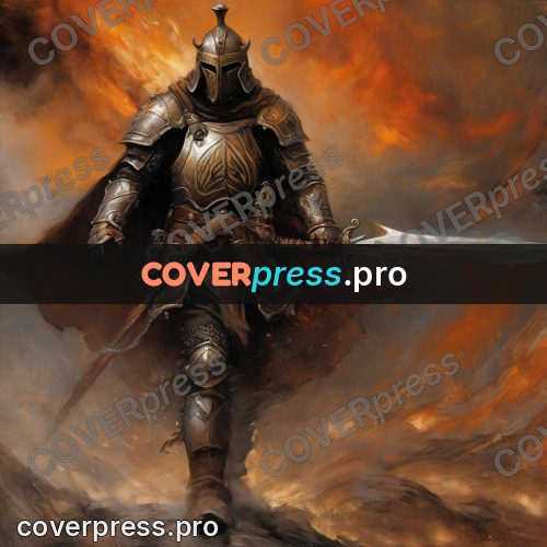 Fantasy illustration: warrior with a sword in fire