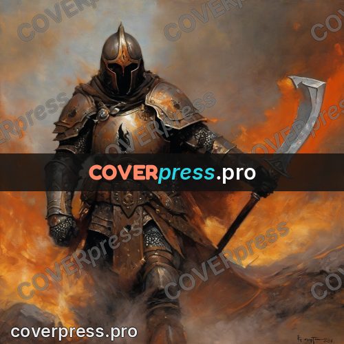 Fantasy illustration: warrior with a sword in fire