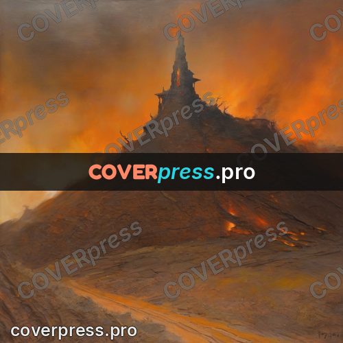 Fantasy illustration: fortress on a burning hill