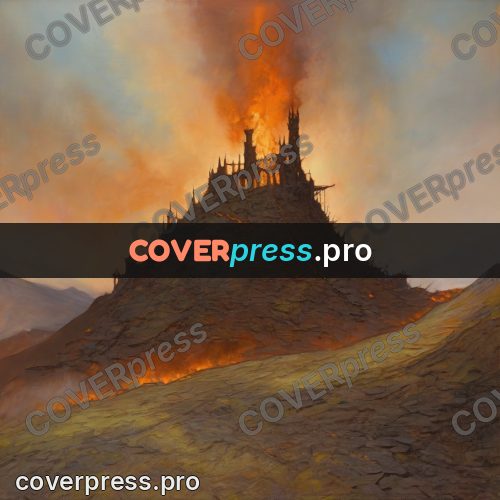 Fantasy illustration: fortress on a burning hill