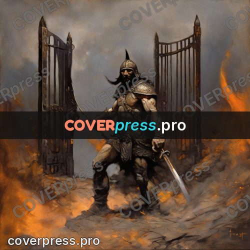 Fantasy illustration: warrior at the burning gates