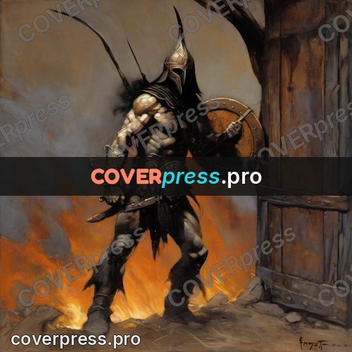 Fantasy illustration: warrior at the burning gates