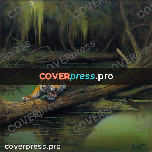 Fantasy illustration: tiger on a fallen log