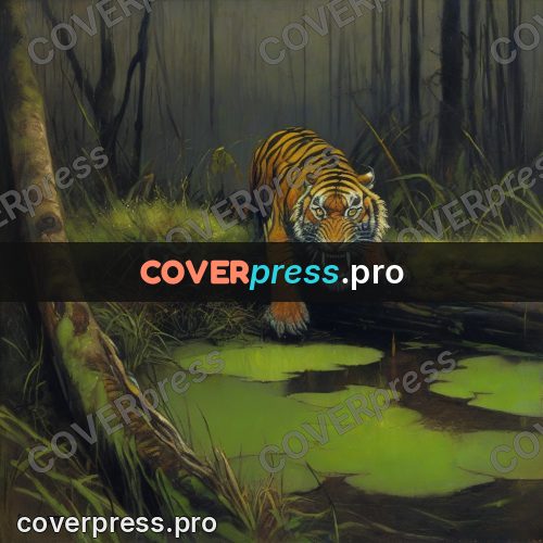 Fantasy illustration: tiger on a fallen log