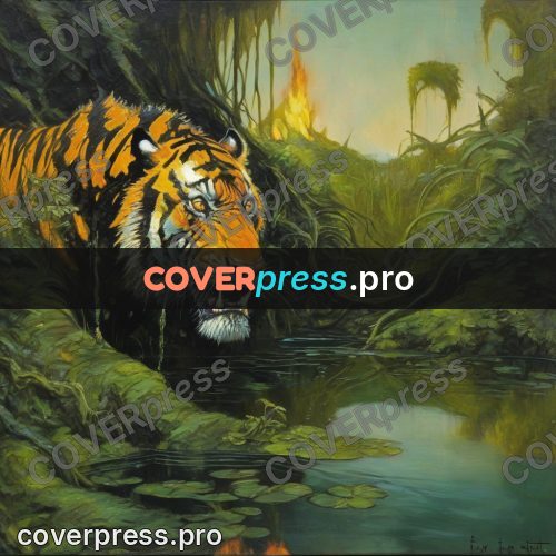 Fantasy illustration: tiger by water in the jungle