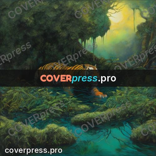 Fantasy illustration: tiger wading through a swamp