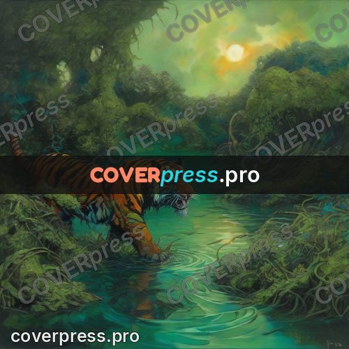 Fantasy illustration: tiger wading through a swamp